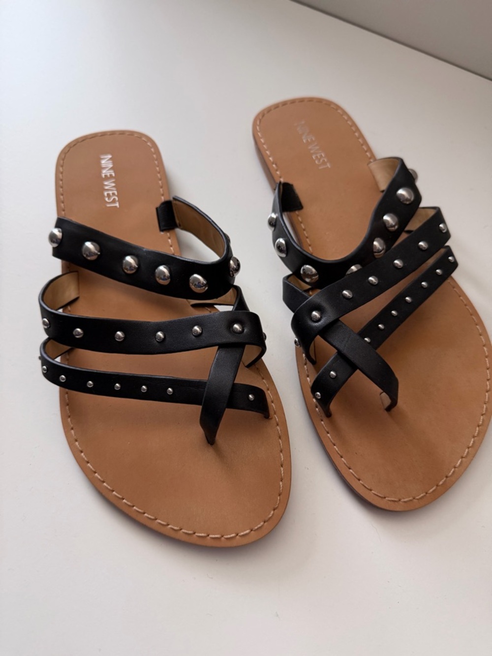Nine West Black Studded Multi-Strap Slide Sandals
